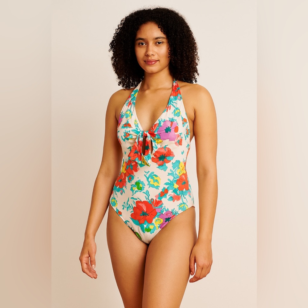 Bleu Rod Beattie. White Floral Tie Front One Piece‎ Swimsuit Sz. 10